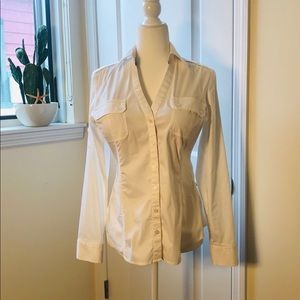 Express white button up with modern Collar front.